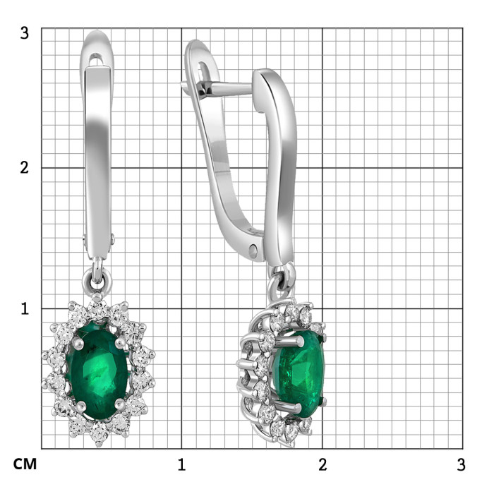 Серьги из белого золота с бриллиантами и изумрудами (063169)