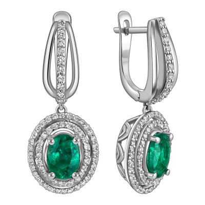 Серьги из белого золота с бриллиантами и изумрудами (025203)