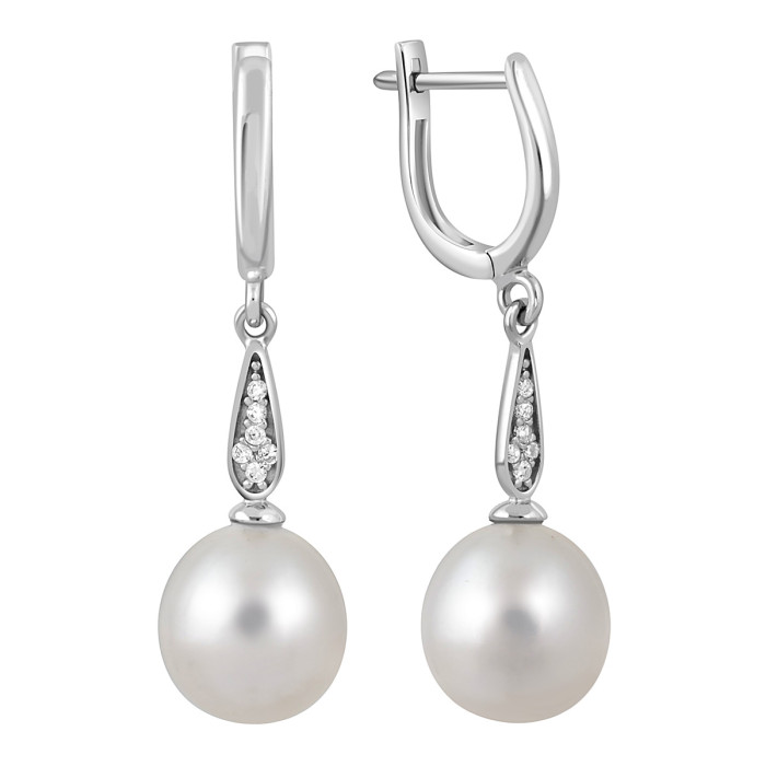 Серьги из белого золота с фианитами и жемчугом (047809)