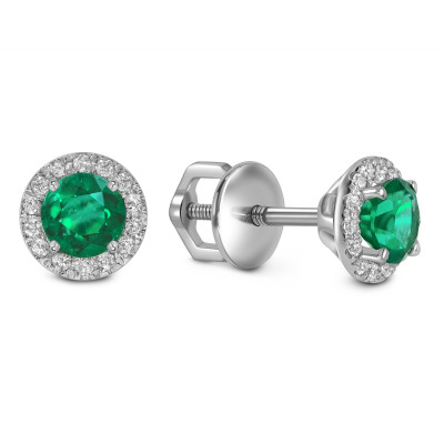 Серьги пусеты из белого золота с бриллиантами и изумрудами (060971)