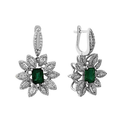 Серьги из белого золота с бриллиантами и изумрудами (027514)