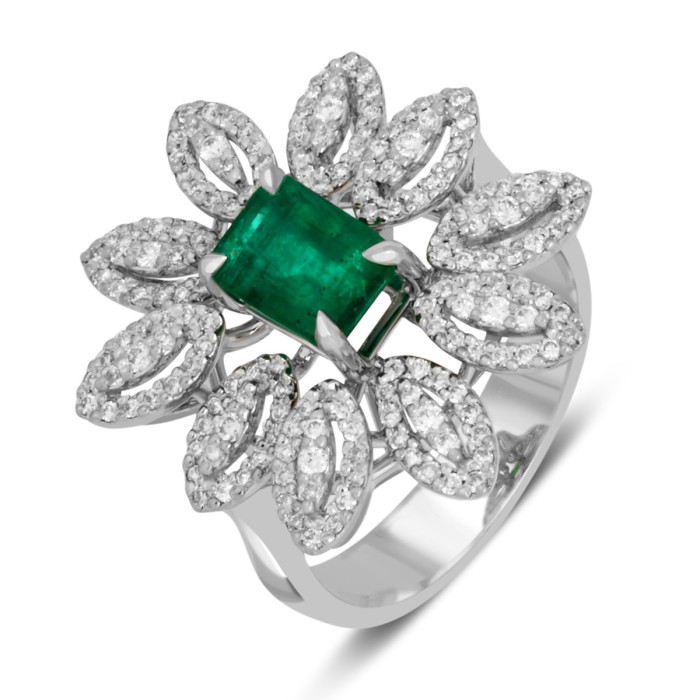 Кольцо из белого золота с бриллиантами и изумрудом (038833)