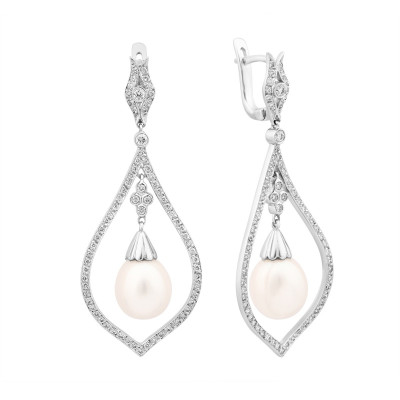 Серьги из белого золота с бриллиантами и жемчугом (002416)